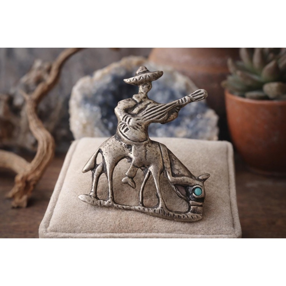 Vintage Sterling Mexico Donkey Brooch Turquoise Eye Burro Pin